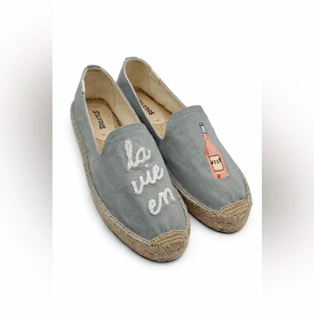 Soludos La Vie En Rosé Embroidered Espadrille Flats Blue Canvas Slip-On Shoes